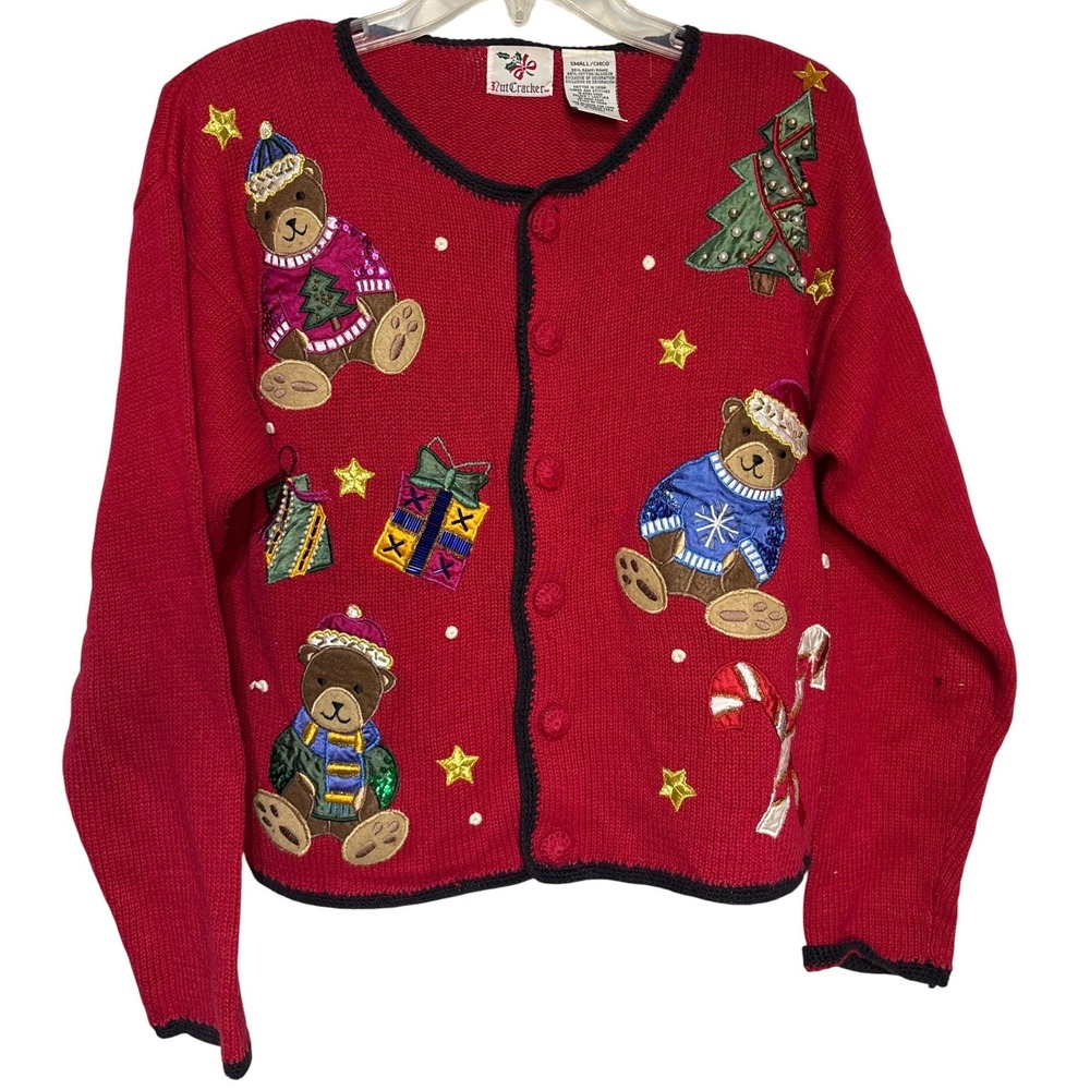 Nutcracker Red Christmas Sweater Teddy Bear Tree‎ Candy Cane Cardigan Small